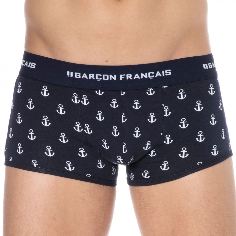 Garçon Français Boxer Court Ancre Coton Bleu Marine
