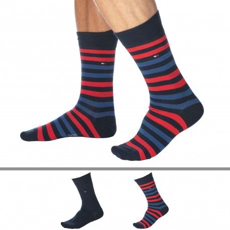 Tommy Hilfiger Lot de 2 Paires de Chaussettes Basses Bleu Marine - Fines Rayures