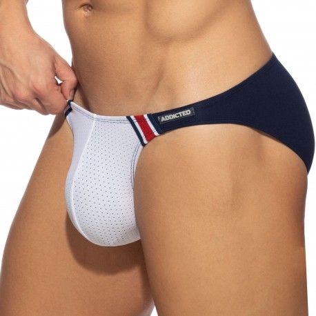 Mesh Mini Bikini Briefs - White - Navy