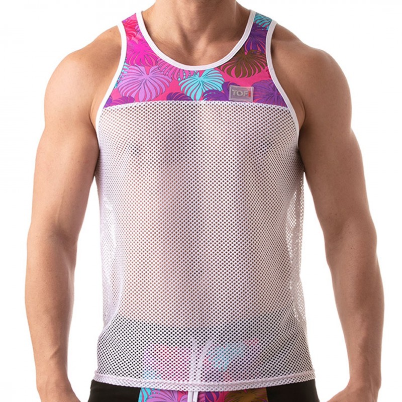 TOF Paris Floral Mesh Tank Top - White - Pink