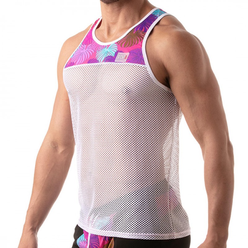 TOF Paris Floral Mesh Tank Top - White - Pink