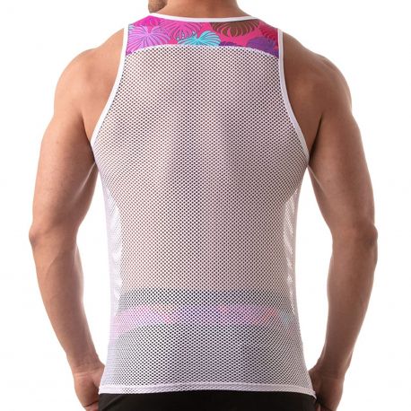 TOF Paris Floral Mesh Tank Top - White - Pink