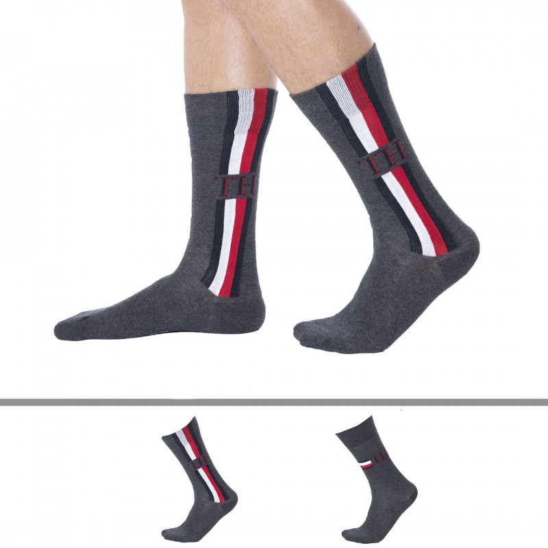Tommy Hilfiger Lot de 2 Paires de Chaussettes Rayure Iconique Grises