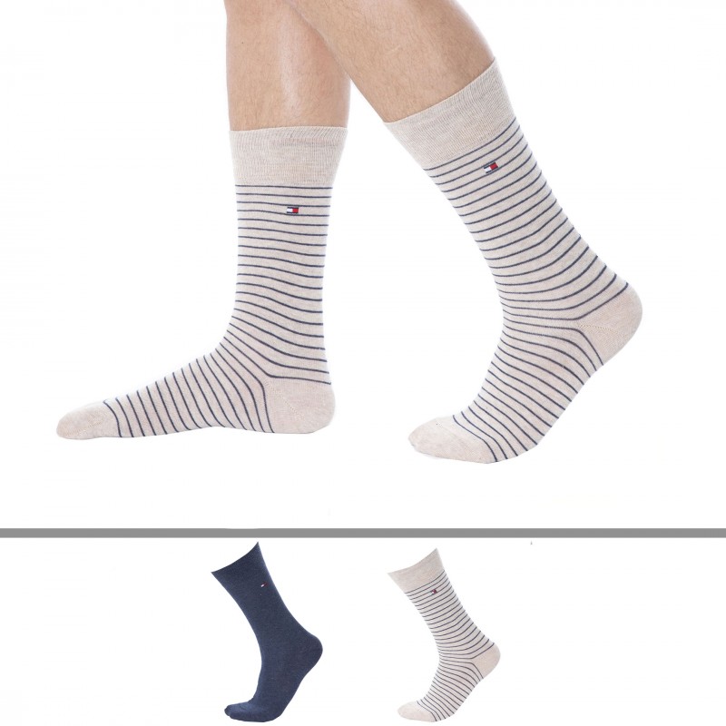 Tommy Hilfiger Lot de 2 Paires de Chaussettes Bleu Jeans - Rayure Beige