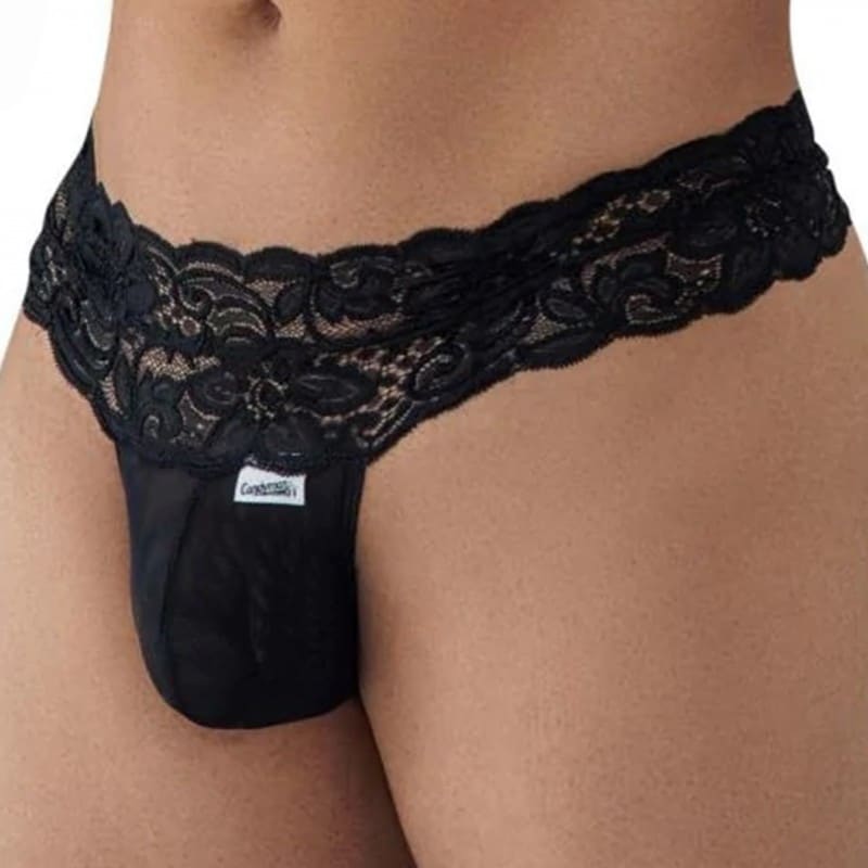  Lace-Up Lace Thong - Black