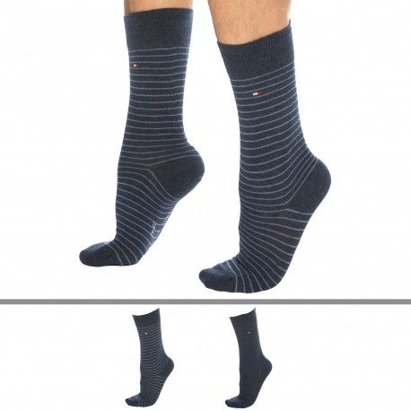 Tommy Hilfiger Lot de 2 Paires de Chaussettes Basses Bleu Jeans - Fine Rayure Bleue