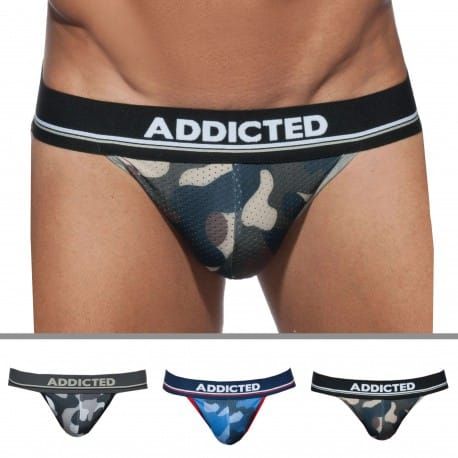 Addicted Lot de 3 Slips Tanga Camo Mesh Push Up Kaki - Gris - Bleu