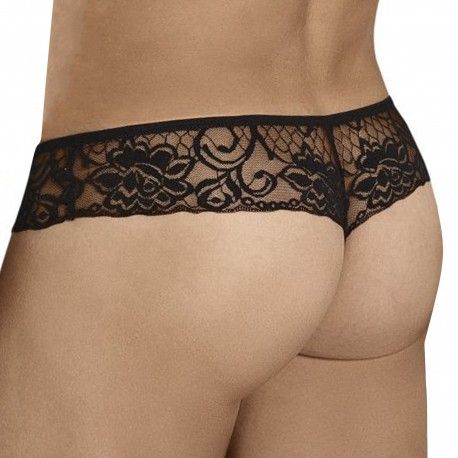 Floral Lace Mesh Thong - Black