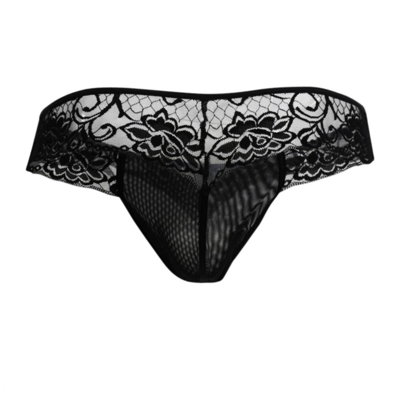  Floral Lace Mesh Thong - Black