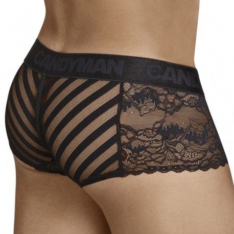  Shorty Dentelle Résille Rayée Noir