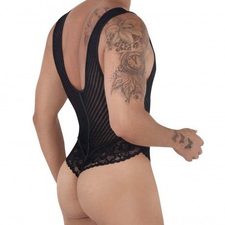 Lace Mesh Thong Bodysuit - Black