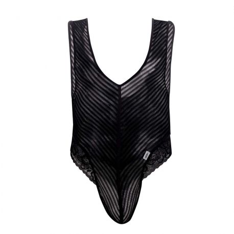  Lace Mesh Thong Bodysuit - Black