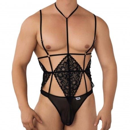  Lace Harness Thong Bodysuit - Black