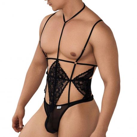  Lace Harness Thong Bodysuit - Black