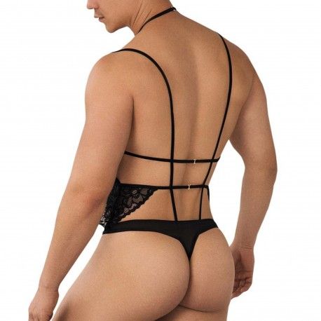  Lace Harness Thong Bodysuit - Black