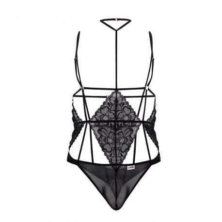  Lace Harness Thong Bodysuit - Black