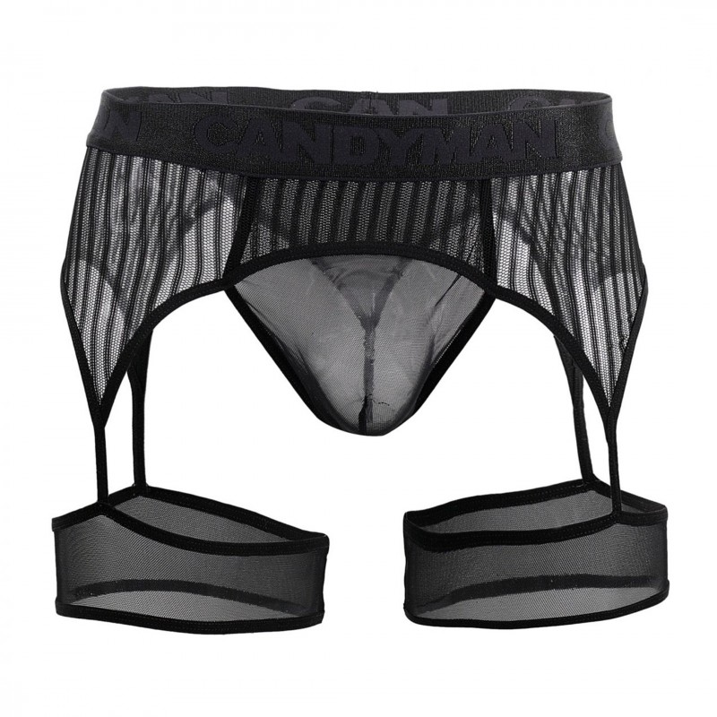  Striped Garterbelt Thong - Black