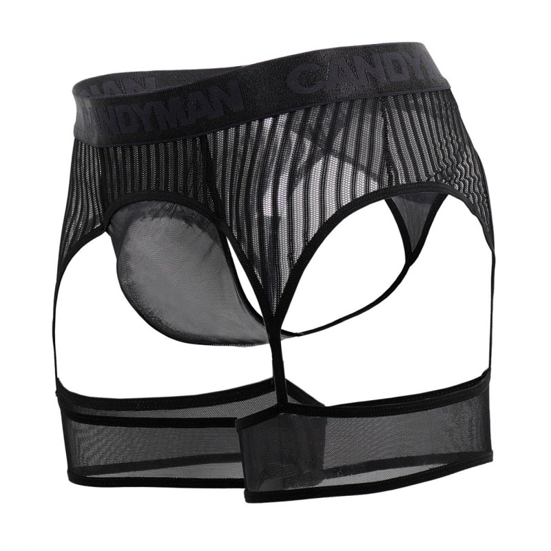  Striped Garterbelt Thong - Black