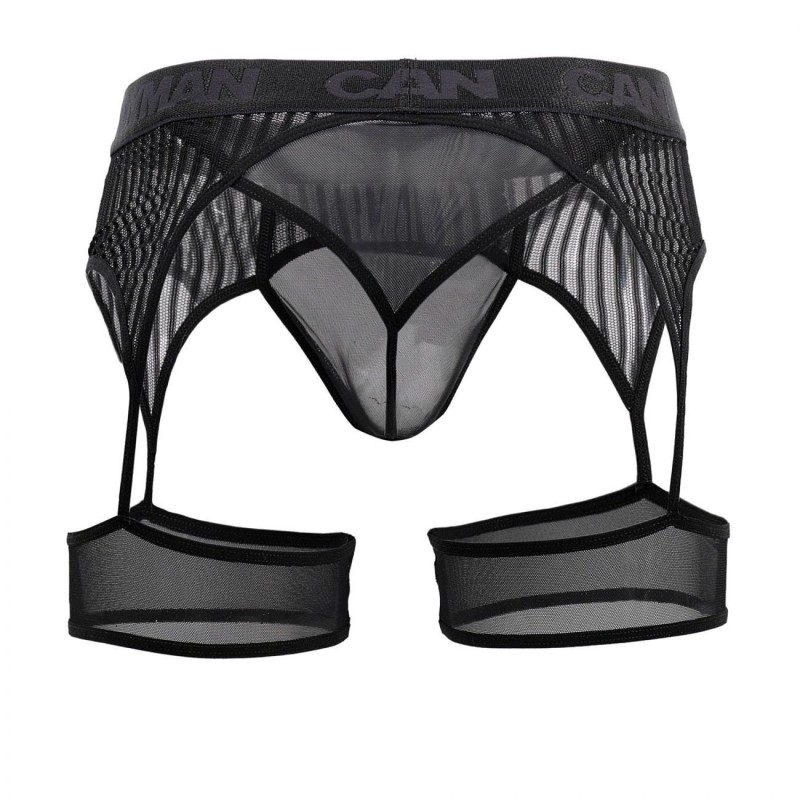  Striped Garterbelt Thong - Black