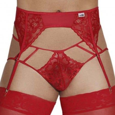  Ensemble Jarretière - Jock Strap Dentelle Rouge