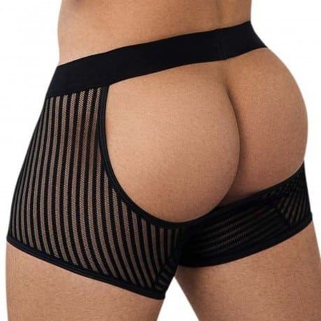  Striped Mesh Bottomless Boxer Briefs - Black