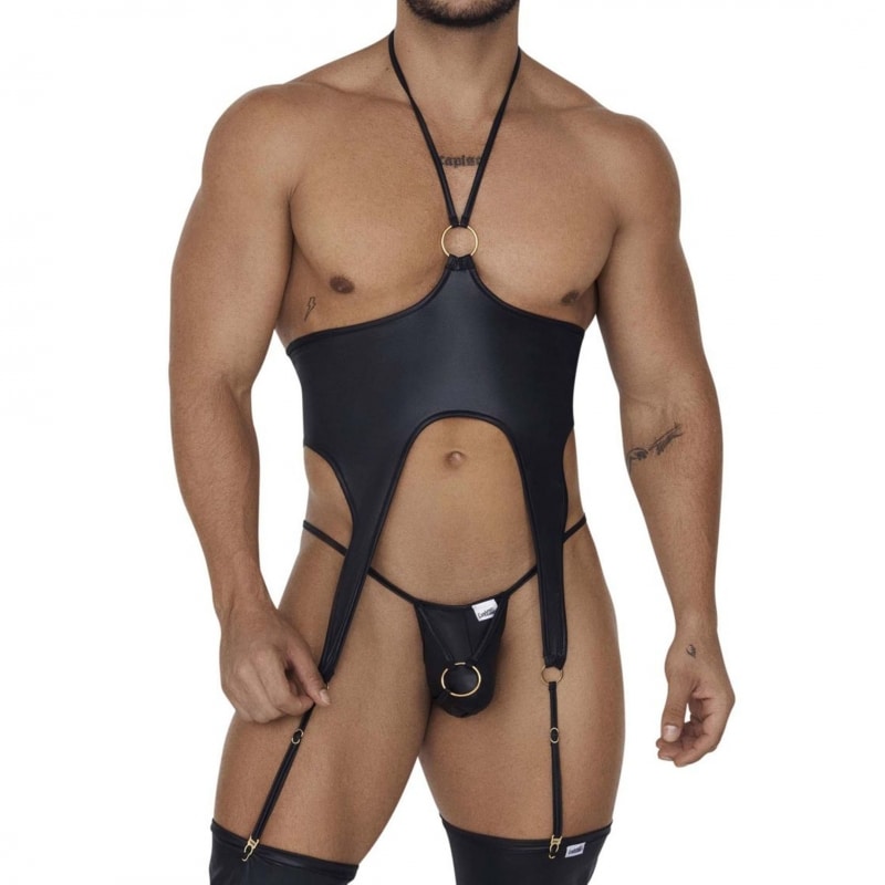  Ensemble Harnais - Jock Strap Simili Cuir Noir