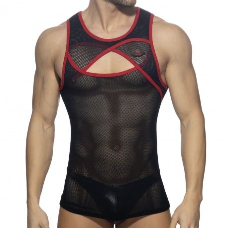 AD Fetish Débardeur Crossed Mesh Noir - Rouge