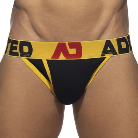 Addicted Slip Tanga Open Fly Coton Noir - Jaune
