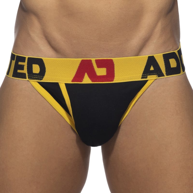 Addicted Slip Tanga Open Fly Coton Noir - Jaune