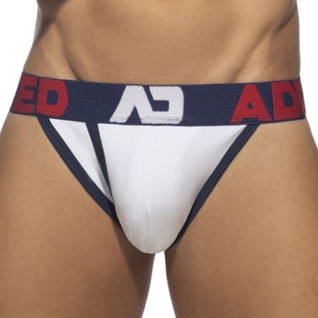 Addicted Slip Tanga Open Fly Coton Blanc - Bleu Marine