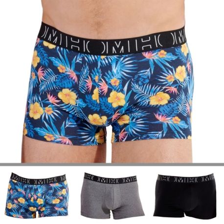 HOM Lot de 3 Boxers Gino Coton Noir - Gris Chiné - Imprimé Floral