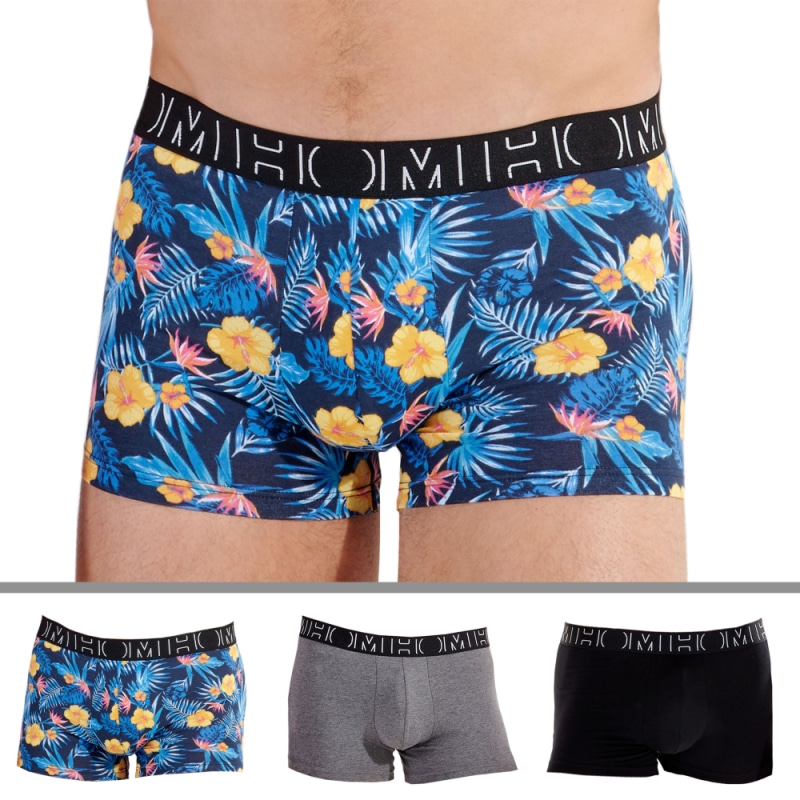 HOM Lot de 3 Boxers Gino Coton Noir - Gris Chiné - Imprimé Floral