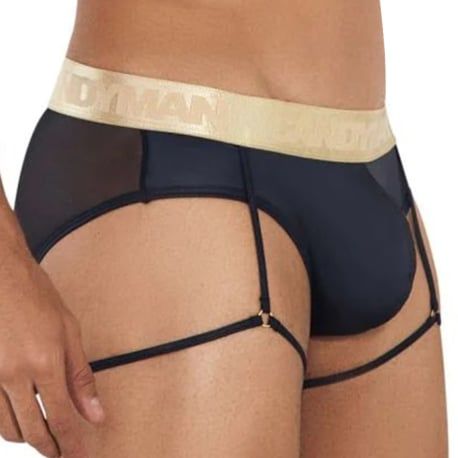  Garter Mesh Briefs - Black - Gold